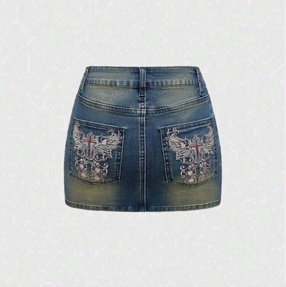 Grunge Punk Women's Y2K Cross Embroidered Rhinestone Decorated Denim Mini Skirt - Picture 1 of 4
